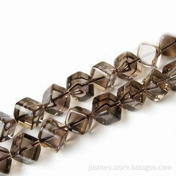 Smoky quartz semi-precious gemstone, beaded strand, cubic-shaped, diagonal drilled hole